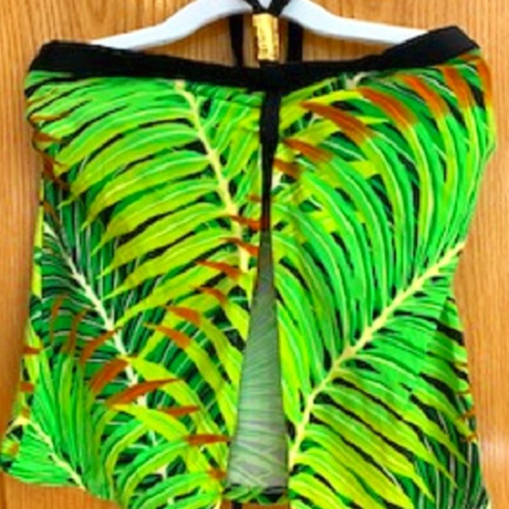 NWT Swim by Chuck Handy 3pc Palm Print Swimsuit Sarong Skirt Halter Sz:10